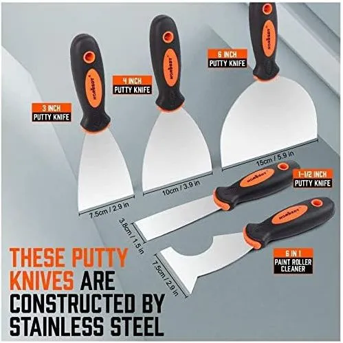 5 Piece Stainless Steel Putty Knife Set, Heavy Duty Painters Scrapers