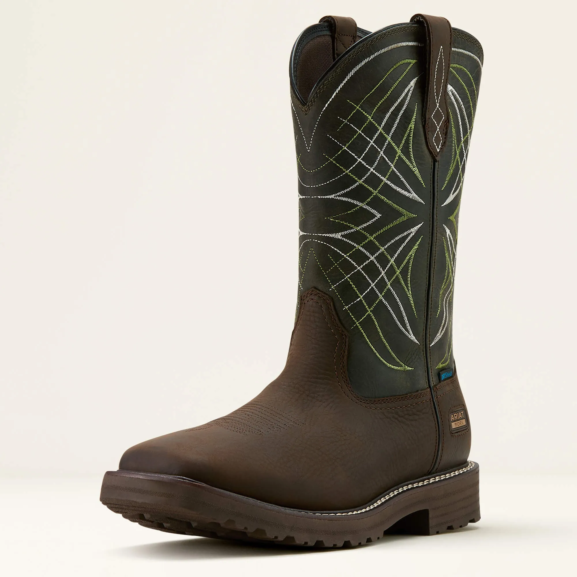 Ariat Men's Dark Brown Activator Waterproof Broad Square Toe Work Boots with Dark Green Tops