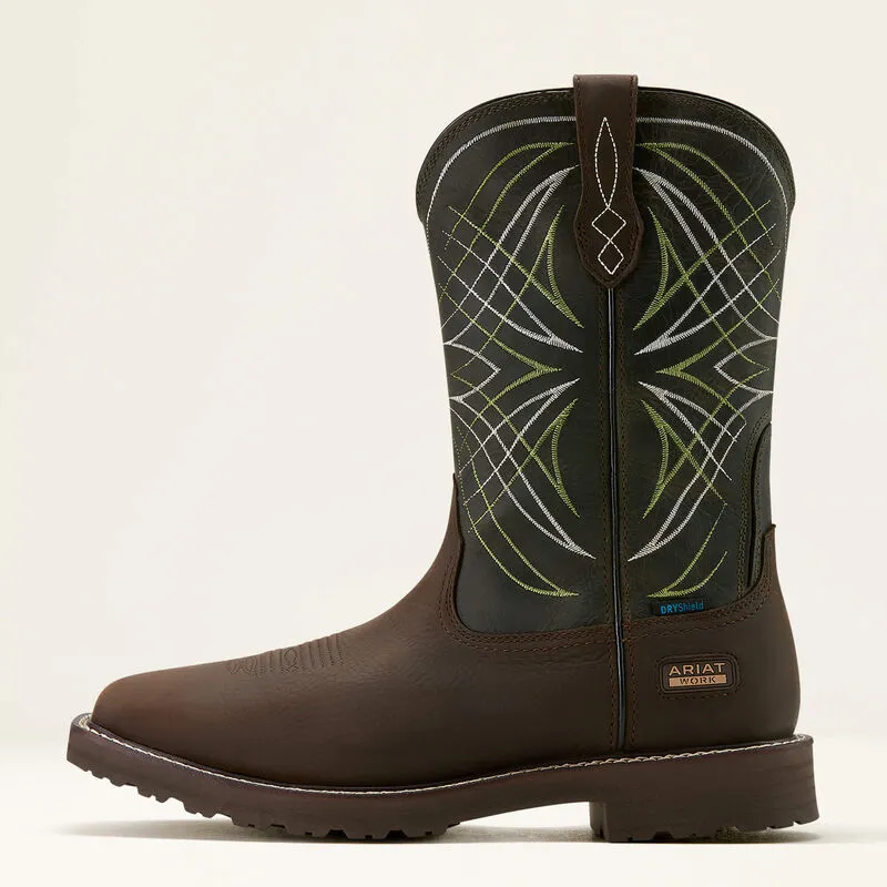 Ariat Men's Dark Brown Activator Waterproof Broad Square Toe Work Boots with Dark Green Tops