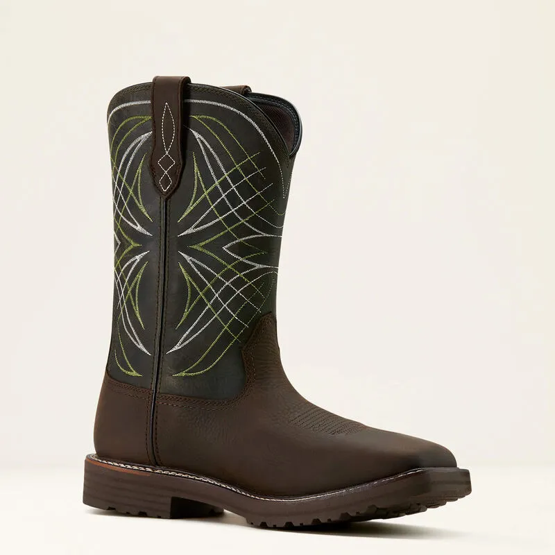 Ariat Men's Dark Brown Activator Waterproof Broad Square Toe Work Boots with Dark Green Tops
