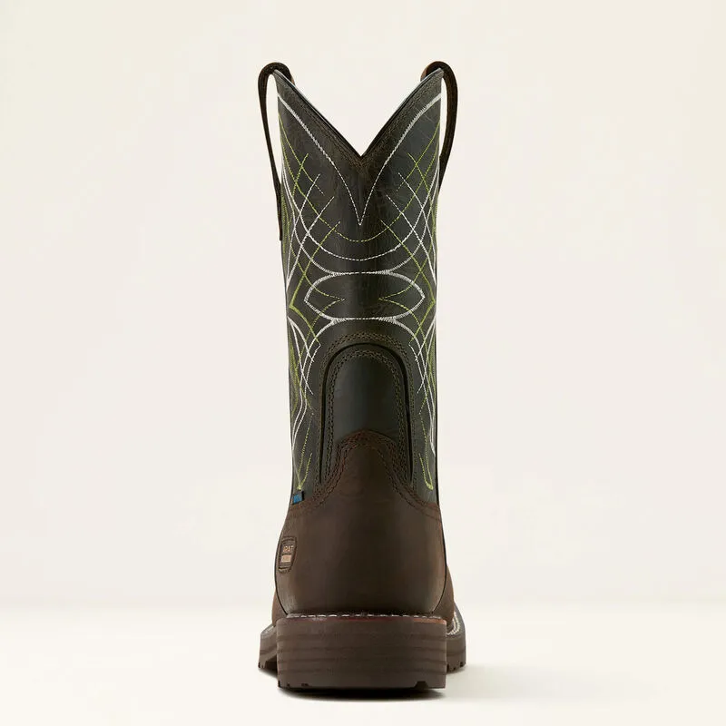 Ariat Men's Dark Brown Activator Waterproof Broad Square Toe Work Boots with Dark Green Tops