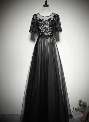 Beautiful Black Short Sleeves Lace and Tulle Long Prom Dress, Long Party Dress