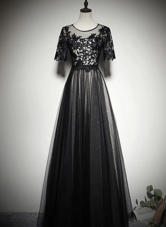 Beautiful Black Short Sleeves Lace and Tulle Long Prom Dress, Long Party Dress