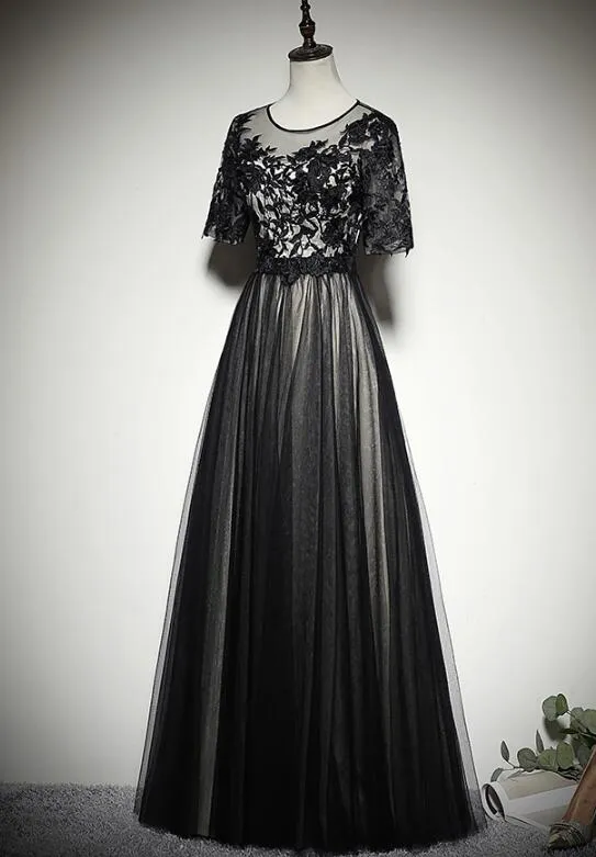Beautiful Black Short Sleeves Lace and Tulle Long Prom Dress, Long Party Dress