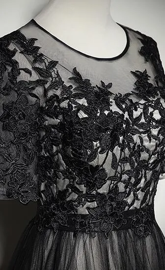 Beautiful Black Short Sleeves Lace and Tulle Long Prom Dress, Long Party Dress