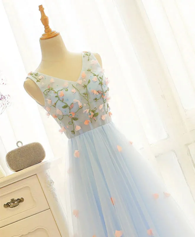 Beautiful Blue V-neckline Floral Lace Tulle Party Dress, A-line Blue Evening Dress Prom Dresses