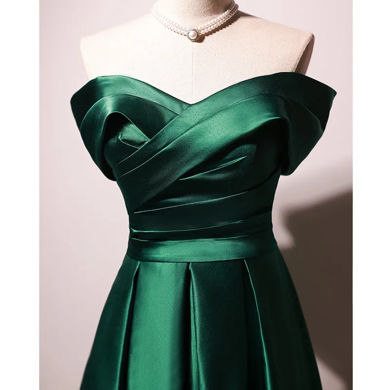 Beautiful Green Satin A-line Off Shoulder Prom Dresses, Green Evening Dress Party Dresses