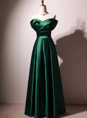Beautiful Green Satin A-line Off Shoulder Prom Dresses, Green Evening Dress Party Dresses