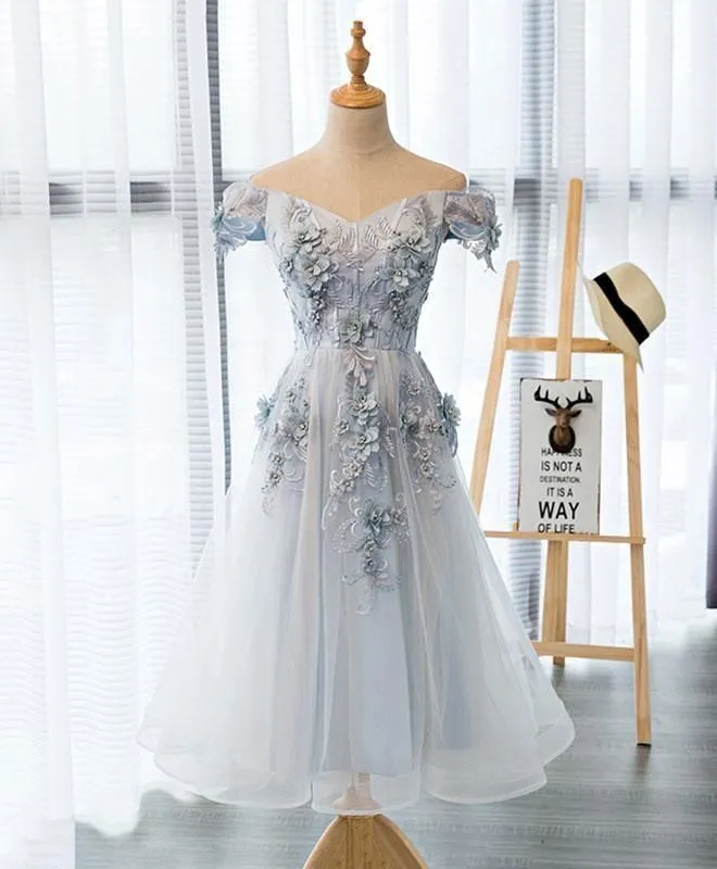 Beautiful Light Grey Flowers Tea Length Party Dress, Short Prom Dress