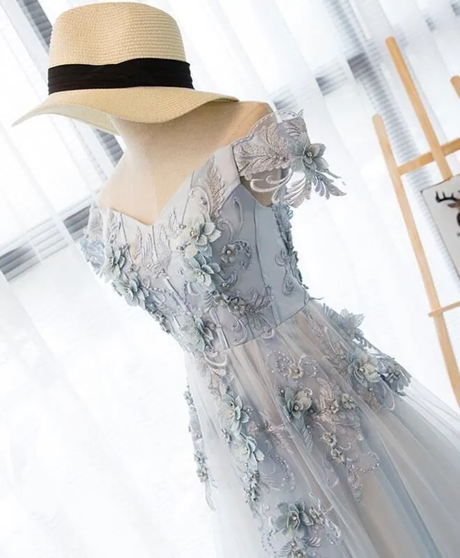 Beautiful Light Grey Flowers Tea Length Party Dress, Short Prom Dress