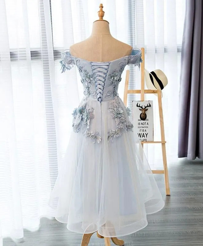 Beautiful Light Grey Flowers Tea Length Party Dress, Short Prom Dress
