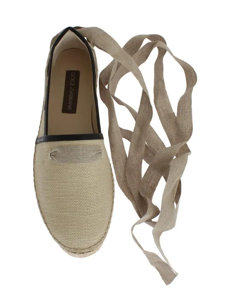 Beige Leather Canvas Strap Loafers