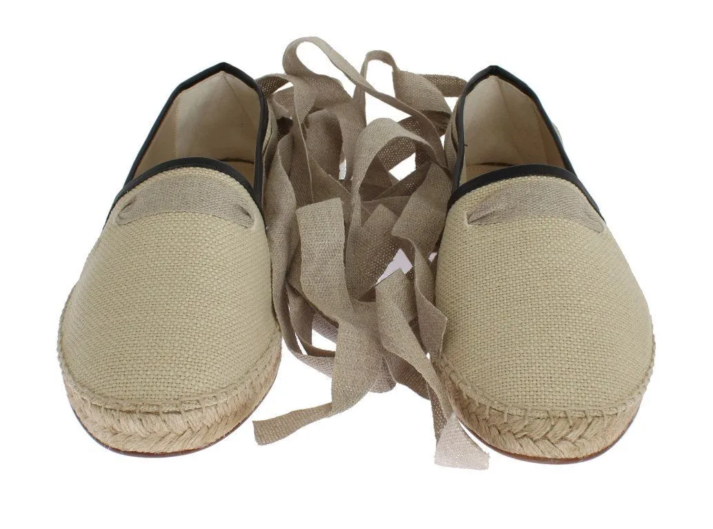 Beige Leather Canvas Strap Loafers
