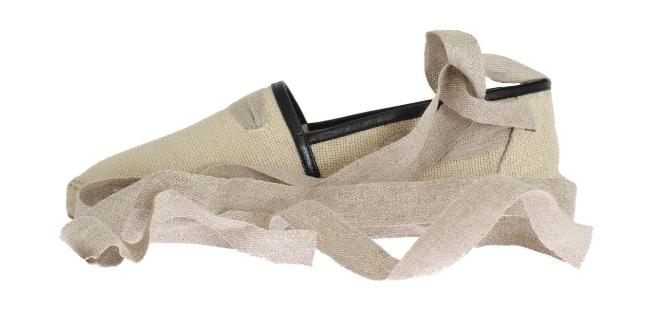Beige Leather Canvas Strap Loafers