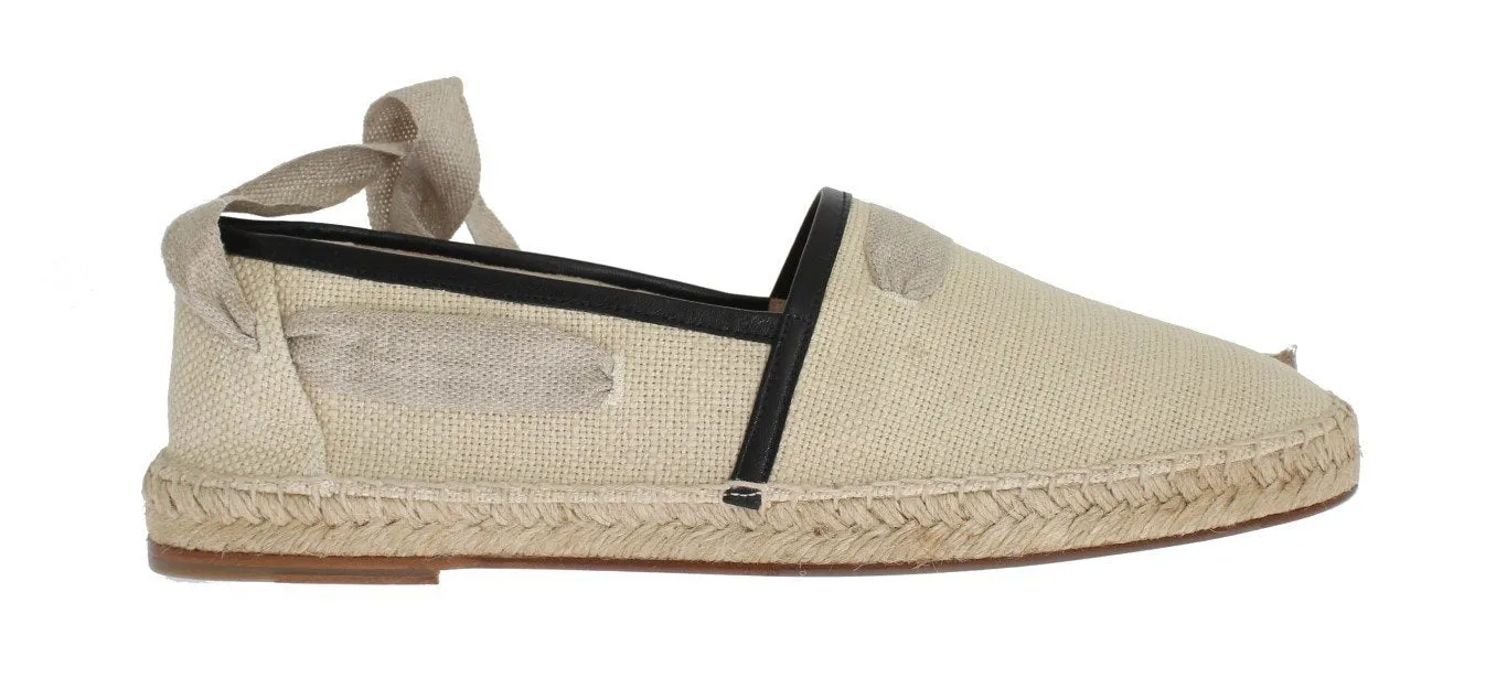 Beige Leather Canvas Strap Loafers