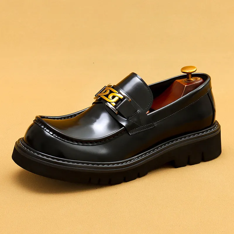 Big Head Leather Shoes Men's Leather Glossy Business Casual Fashion Wide Foot Platform Pedal Dress Shoes96123