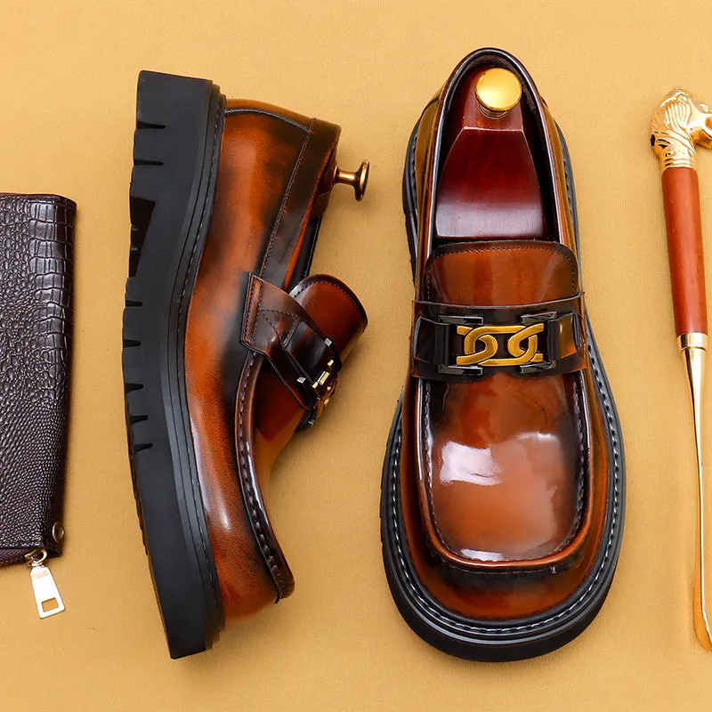 Big Head Leather Shoes Men's Leather Glossy Business Casual Fashion Wide Foot Platform Pedal Dress Shoes96123