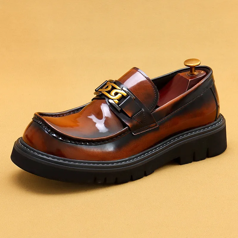 Big Head Leather Shoes Men's Leather Glossy Business Casual Fashion Wide Foot Platform Pedal Dress Shoes96123