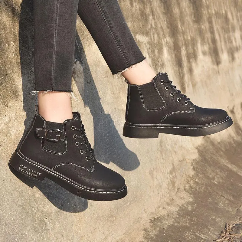 Black Autumn Winter Women Ankle Snow Boot Leather Warm Plush Rubber Lace Up Ladies Shoes Botas