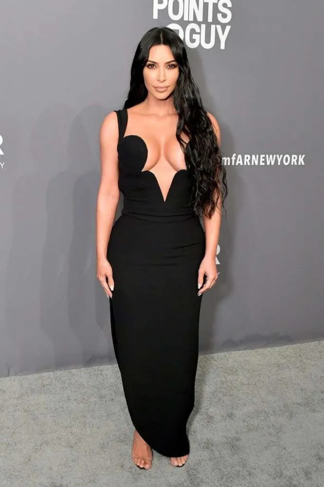 Black Kim Kardashian (Kim K) Low V Neck Dress Slit Prom Celebrity Evening Dress amfAR New York Gala