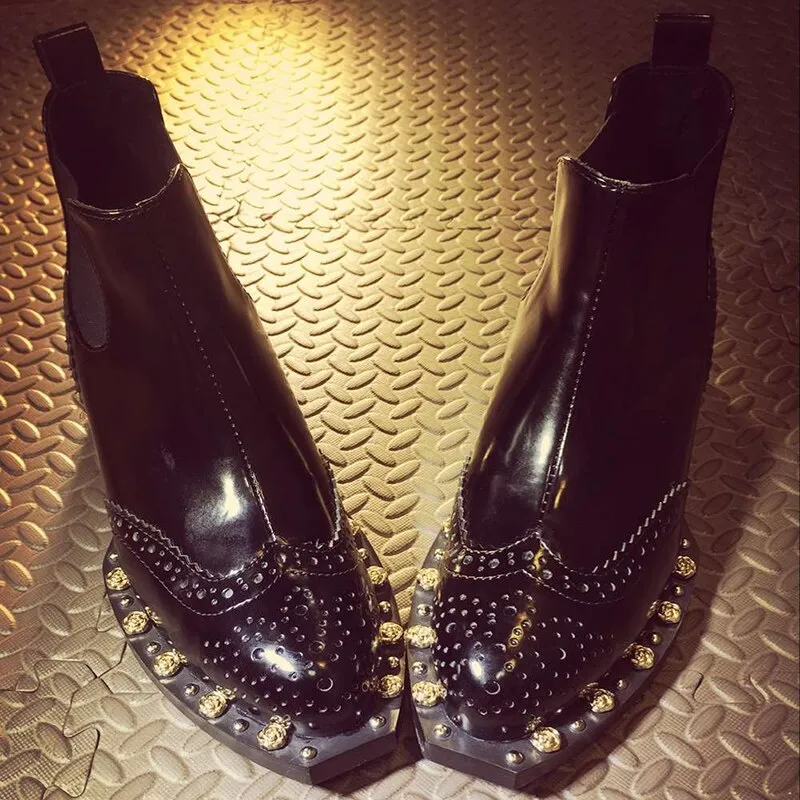 Black Patent Leather Women Boots Luxury Rivet Decor Square Heels