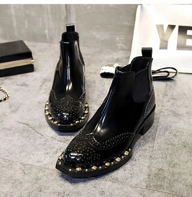 Black Patent Leather Women Boots Luxury Rivet Decor Square Heels