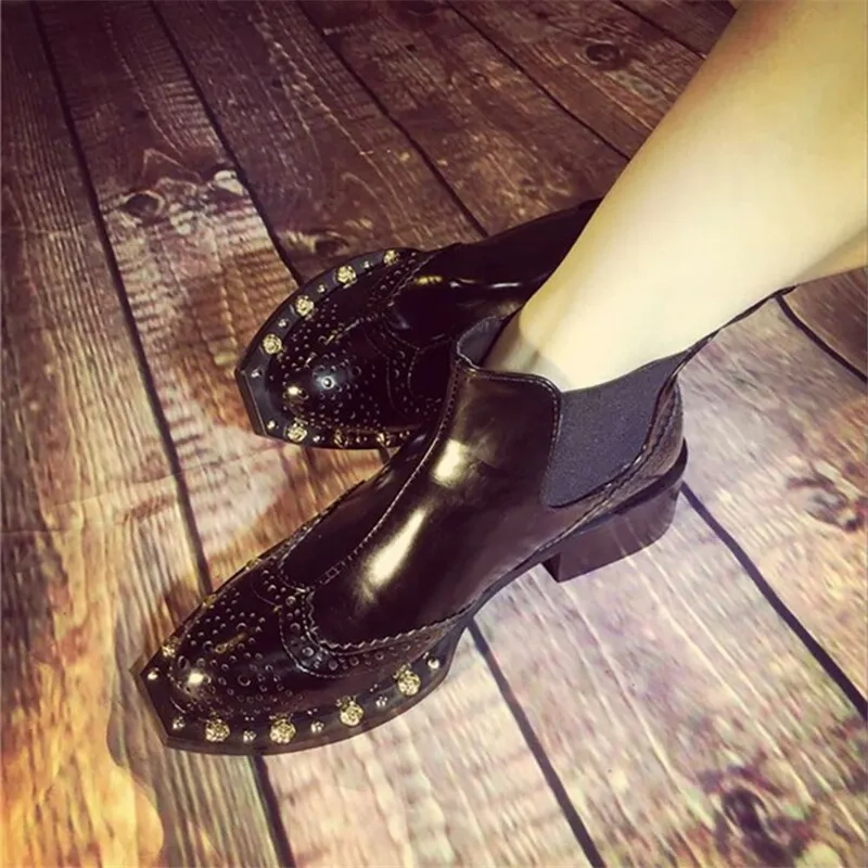 Black Patent Leather Women Boots Luxury Rivet Decor Square Heels