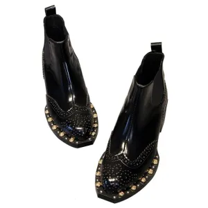 Black Patent Leather Women Boots Luxury Rivet Decor Square Heels