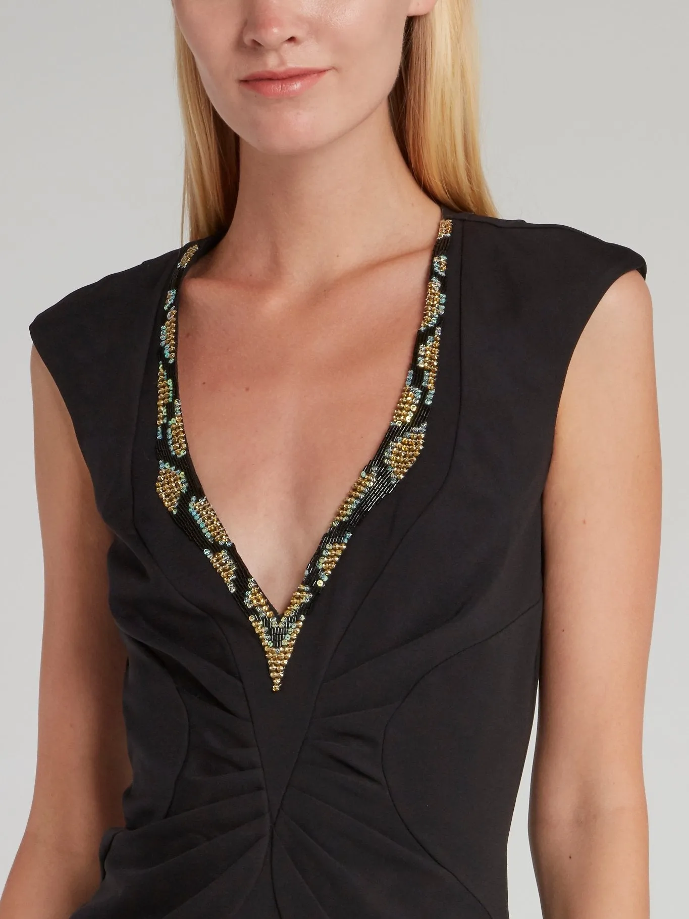 Black Ruched Sequin Plunge Dress