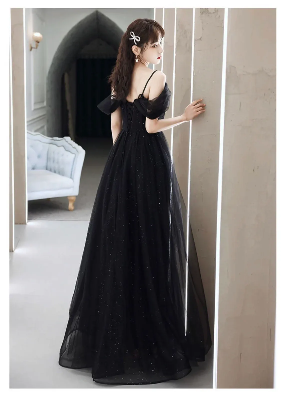 Black Sweetheart Tulle Off Shoulder A-line Prom Dress, Straps Shiny Black Evening Dress