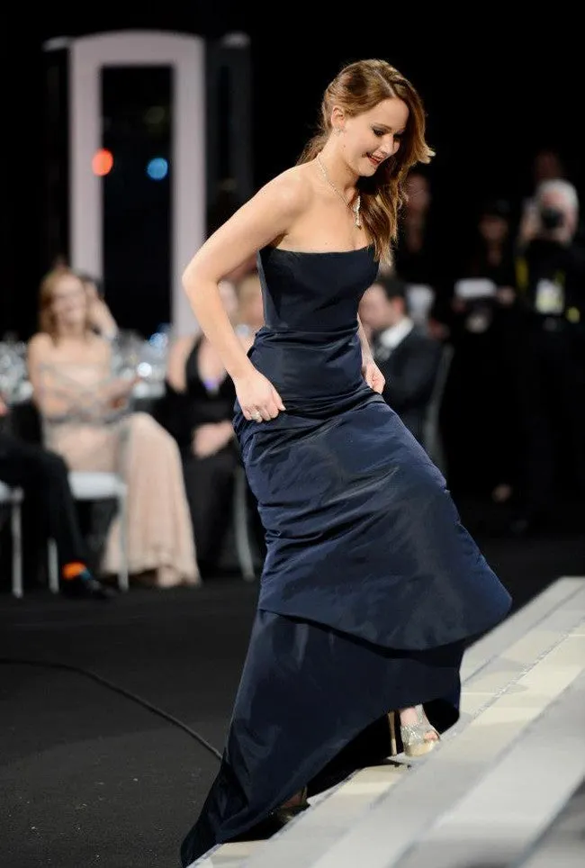 Blue Jennifer Lawrence Strapless Dress Satin Prom Red Carpet Formal Dress SAG Awards Gown Online