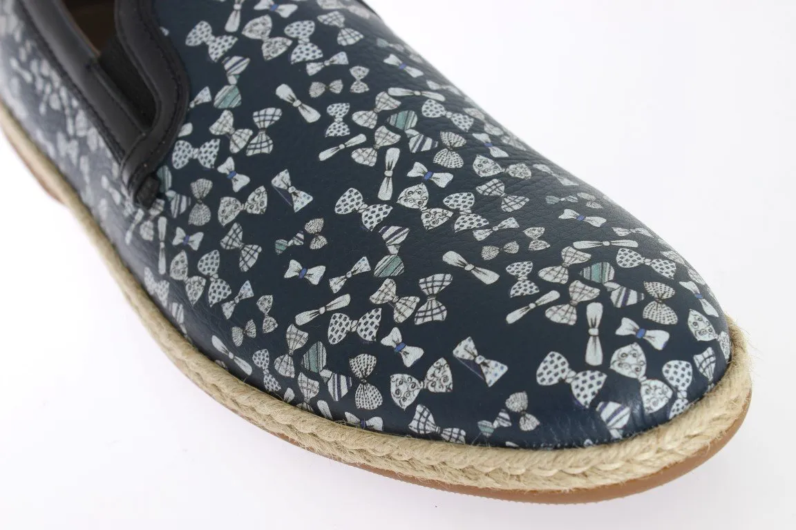Blue Leather Bowtie Pattern Loafers