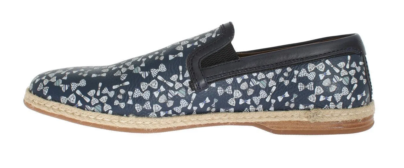 Blue Leather Bowtie Pattern Loafers