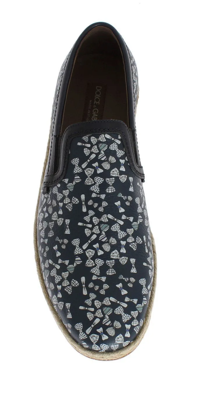 Blue Leather Bowtie Pattern Loafers