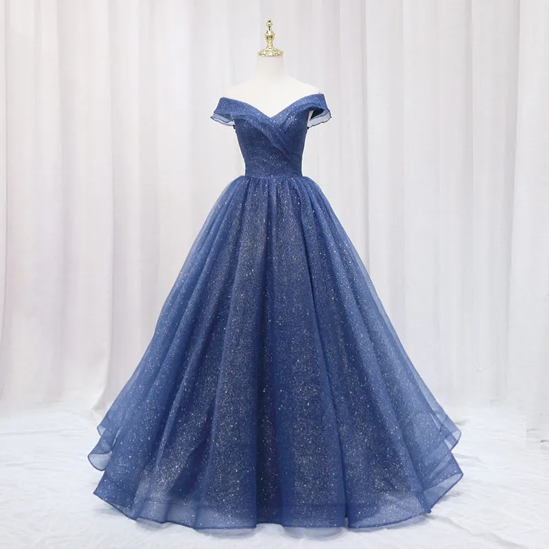 Blue Off Shoulder Long Party Dress Evening Gown, Blue Junior Prom Dress