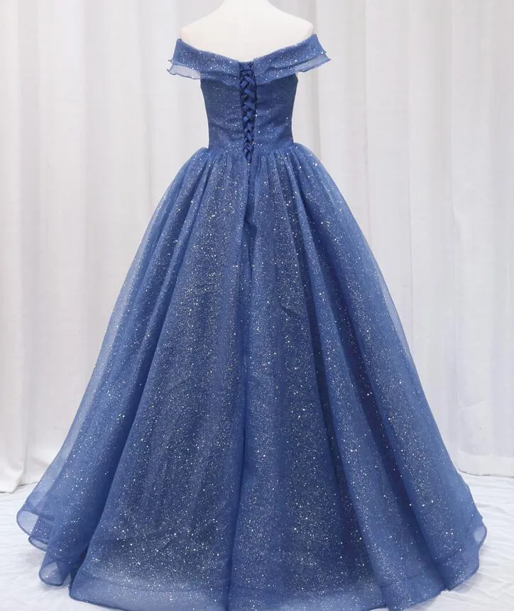 Blue Off Shoulder Long Party Dress Evening Gown, Blue Junior Prom Dress