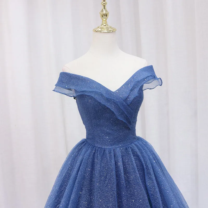 Blue Off Shoulder Long Party Dress Evening Gown, Blue Junior Prom Dress