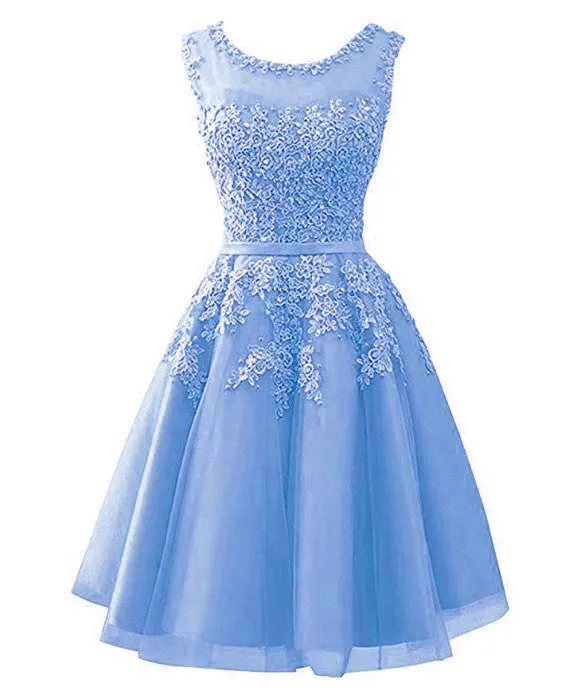 Blue Tulle Round Neckline Beaded Short Homecoming Dress, Lace Applique Cute Prom Dress