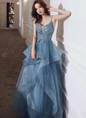 Blue V-neckline Lace Applique Layers Straps Formal Gown, Blue Prom Dress Party Dress