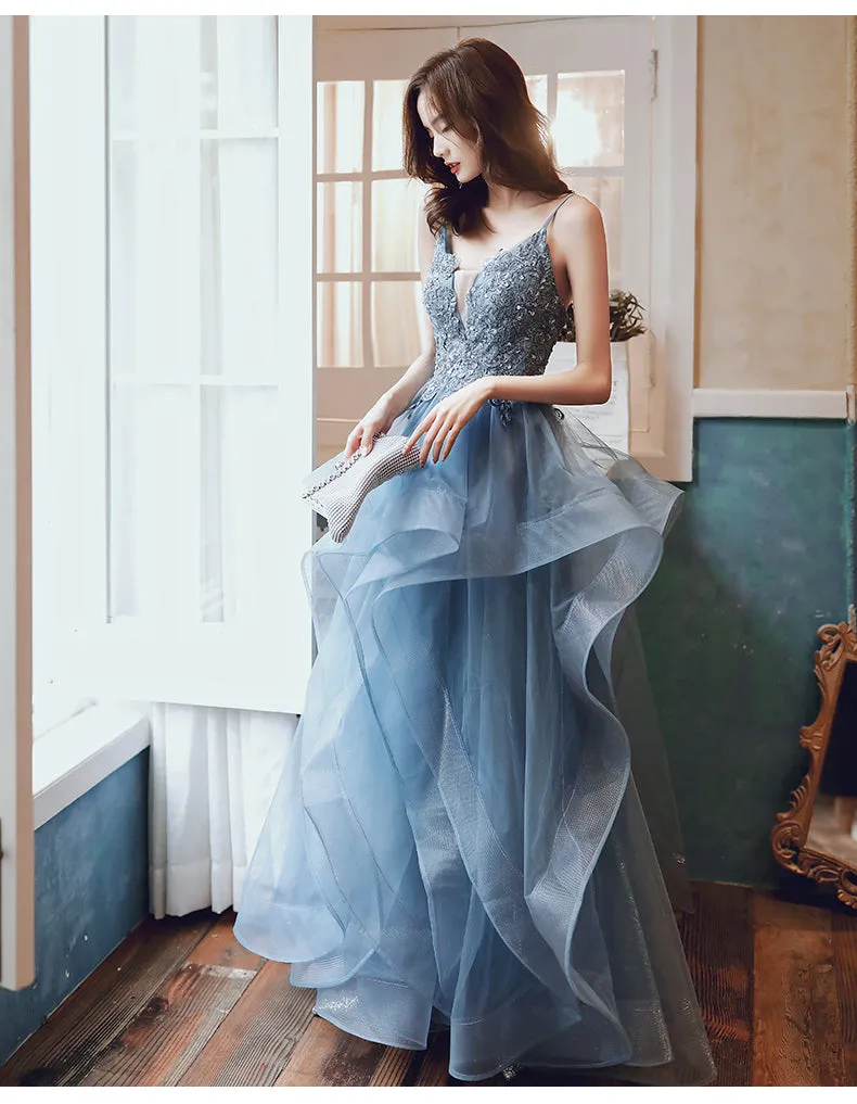 Blue V-neckline Lace Applique Layers Straps Formal Gown, Blue Prom Dress Party Dress