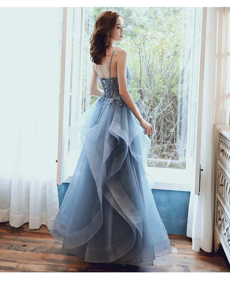 Blue V-neckline Lace Applique Layers Straps Formal Gown, Blue Prom Dress Party Dress