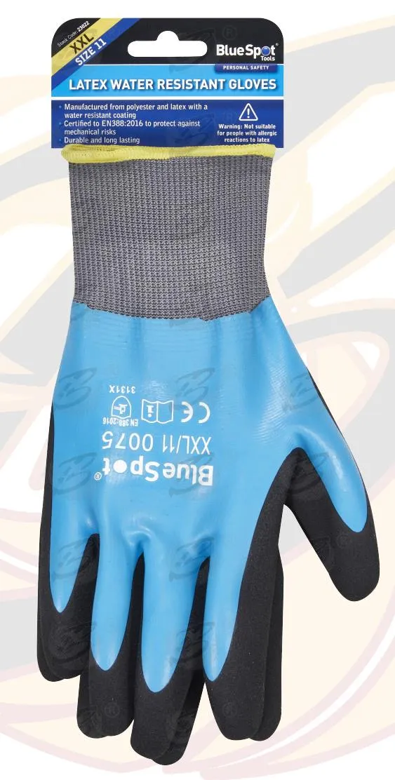 BLUESPOT LATEX WATER RESISTANT WORK GLOVES ( x 12 PAIRS ) ( XXL )