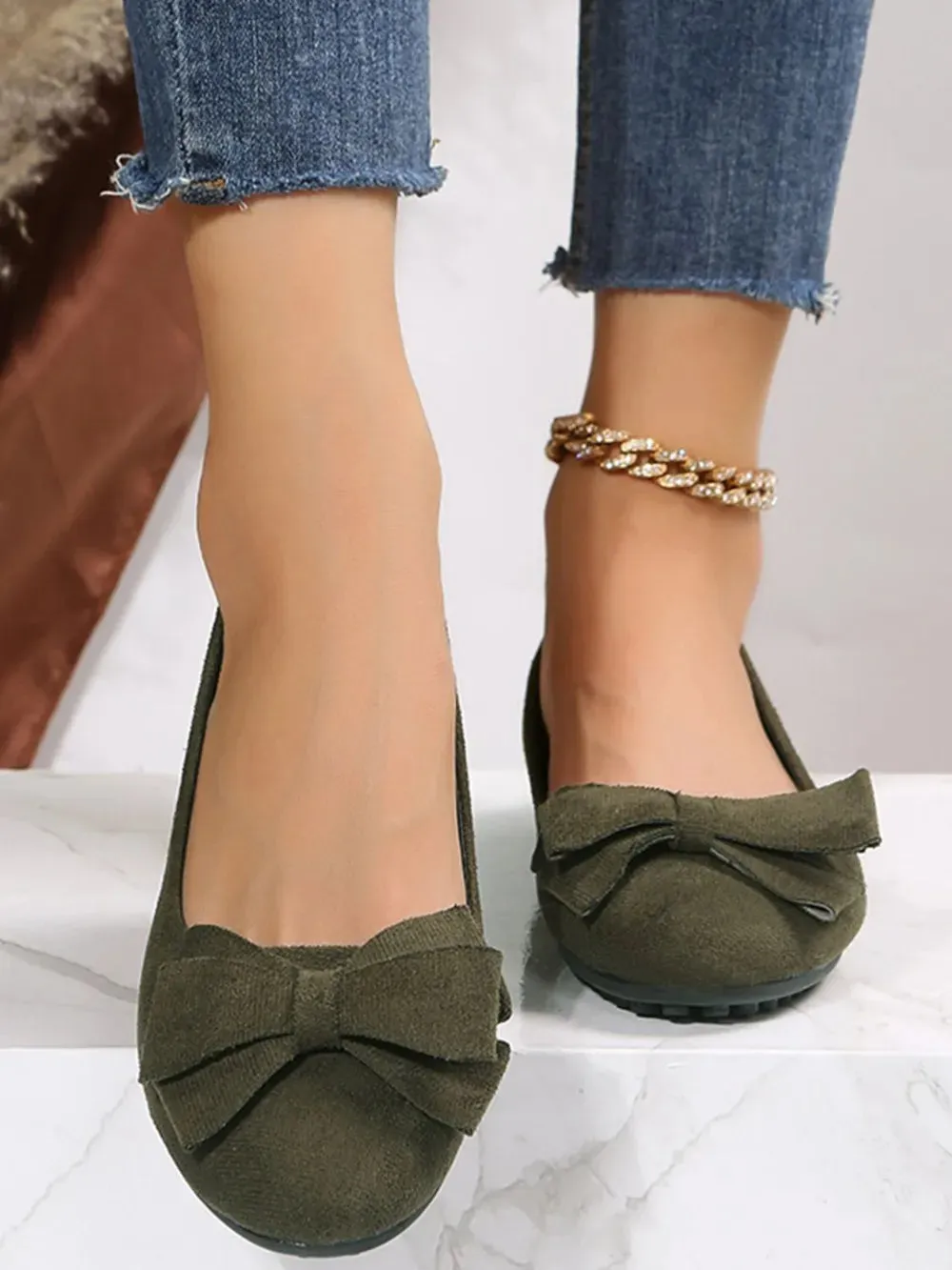 Bow Solid Color Round Toe Flat Slip-Ons