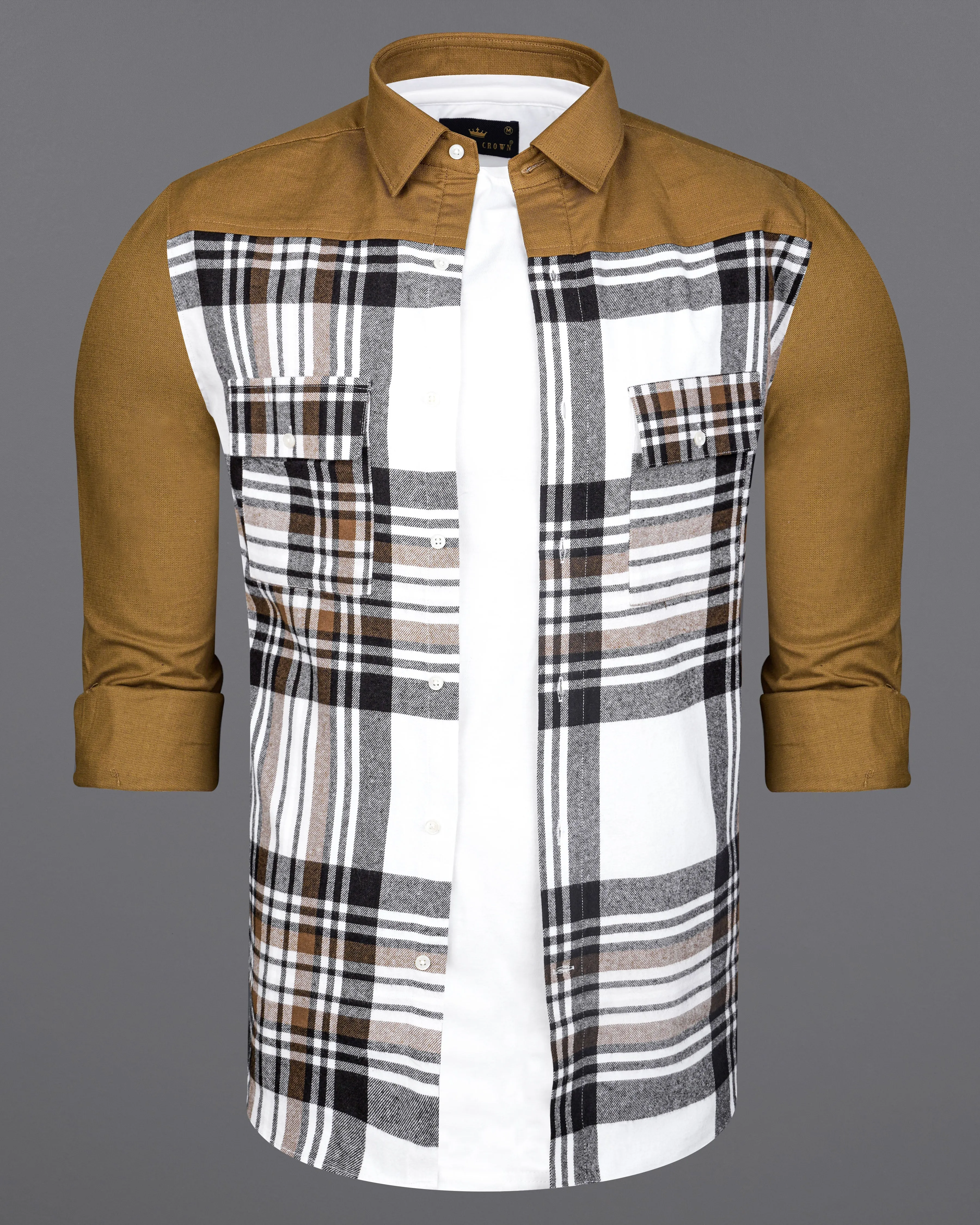Bright White with potters Clay Brown Plaid Flannel Designer Overshirt