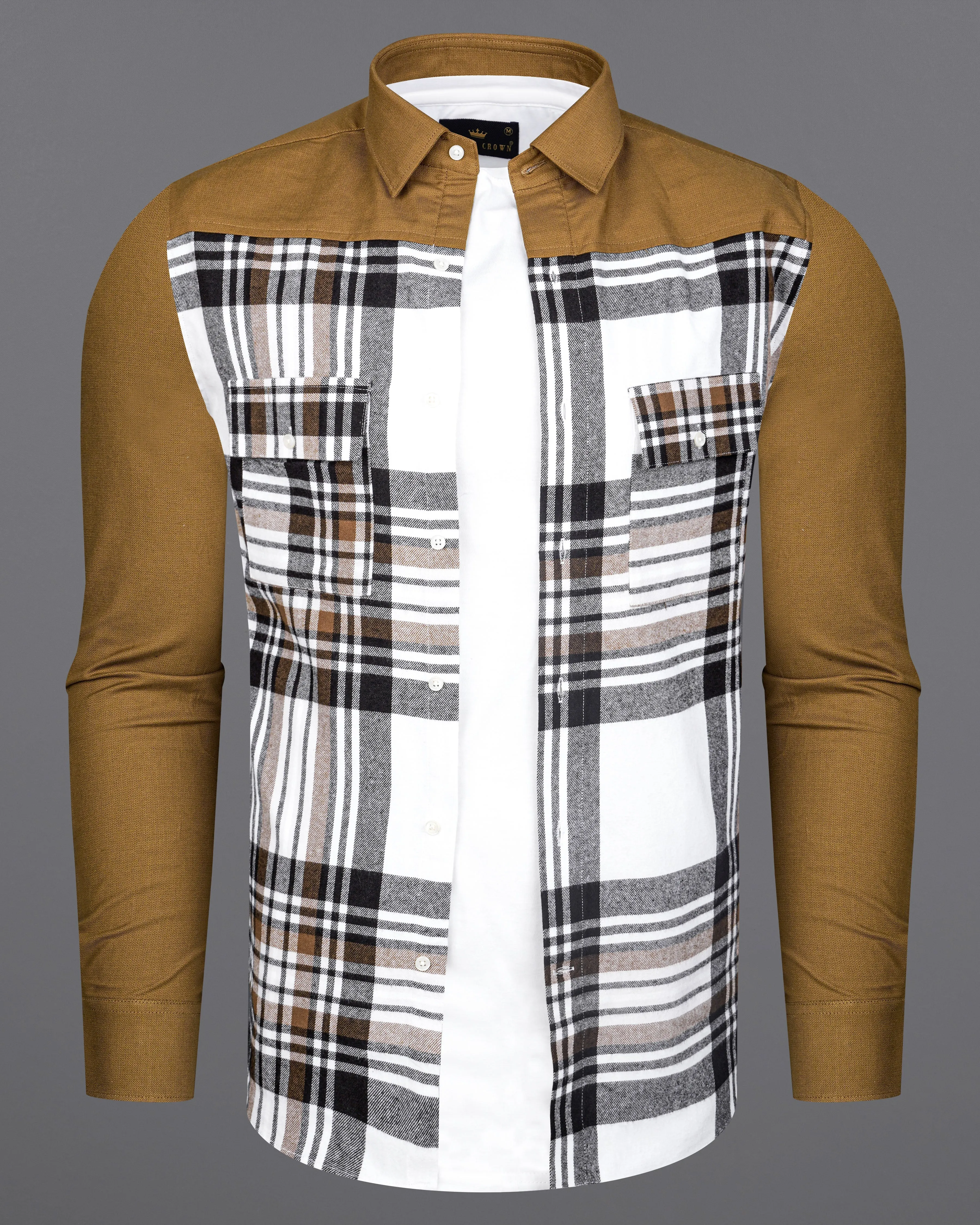 Bright White with potters Clay Brown Plaid Flannel Designer Overshirt