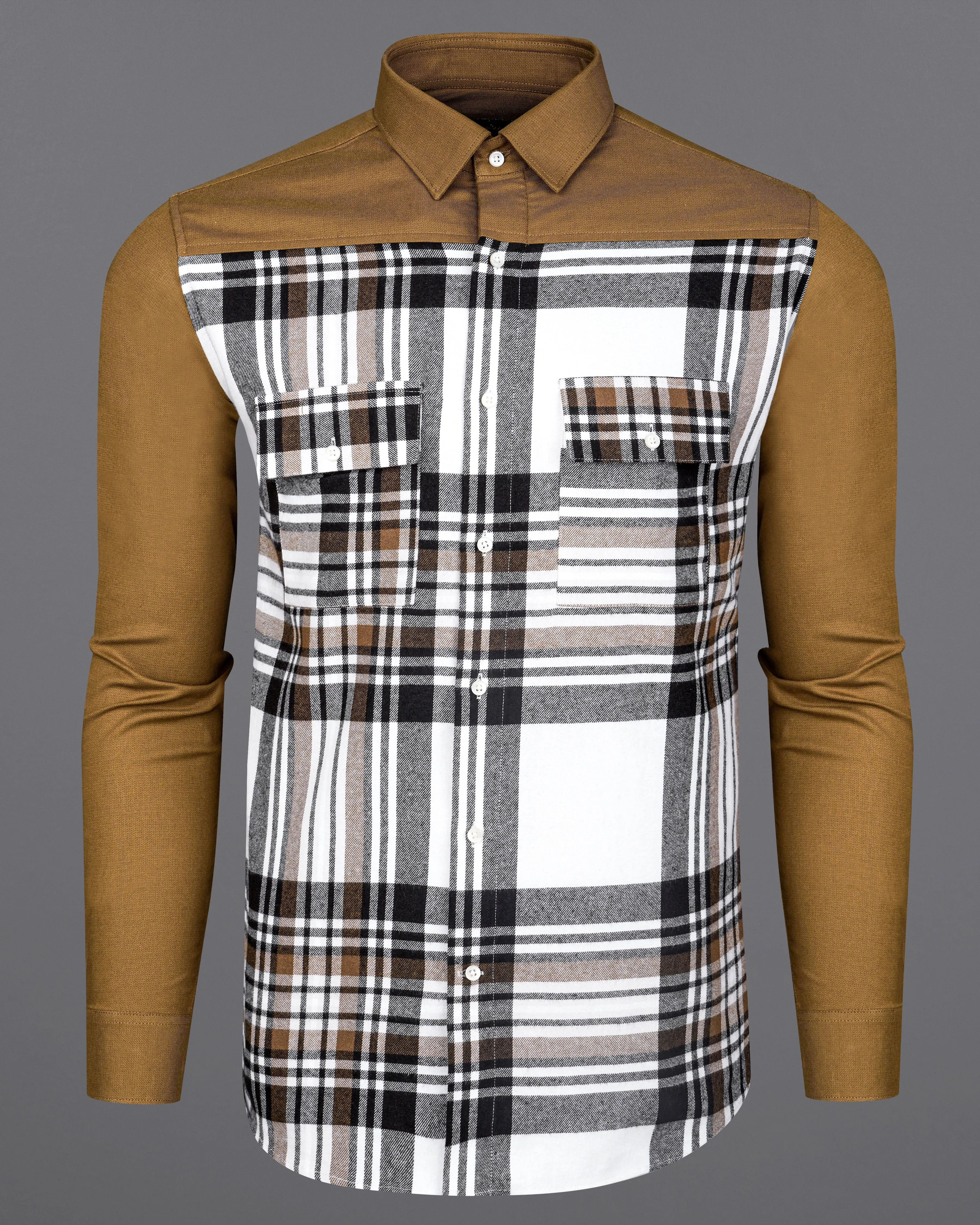 Bright White with potters Clay Brown Plaid Flannel Designer Overshirt