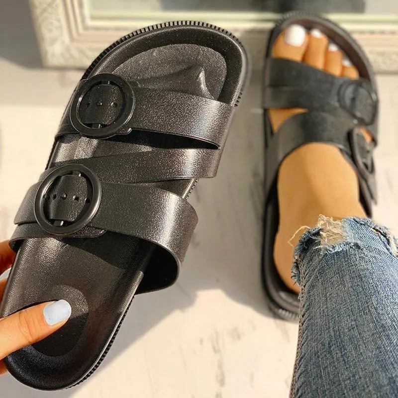 Buckle Strappy Open Toe Flat Sandals