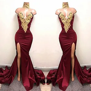 Burgundy Slit Side Mermaid Prom Dresses Gold Lace Applique Evening Dresses