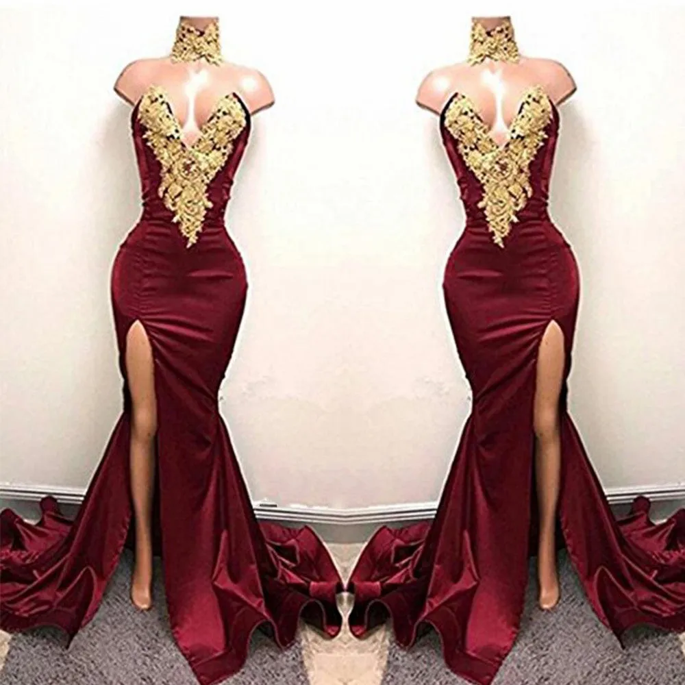 Burgundy Slit Side Mermaid Prom Dresses Gold Lace Applique Evening Dresses