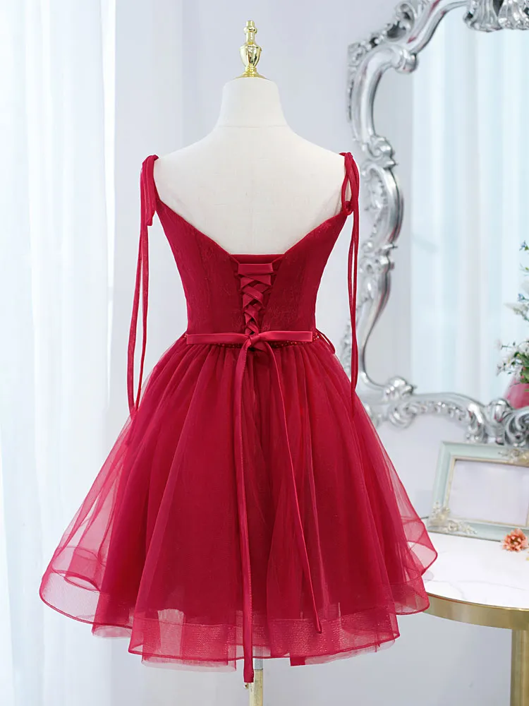 Burgundy Tulle Lace Short Prom Dress Burgundy Homecoming Dress